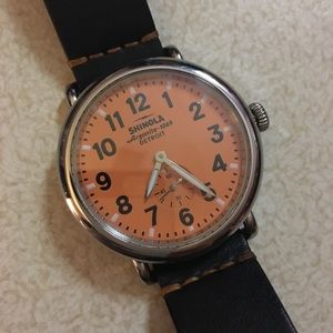 Shinola Runwell 41mm watch with orange face
